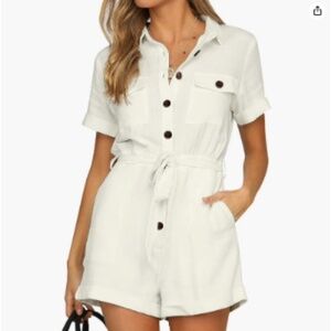 GRAPENT Ivory Button-Down Belted Romper – Women’s Medium (8–10), 100% Cotton